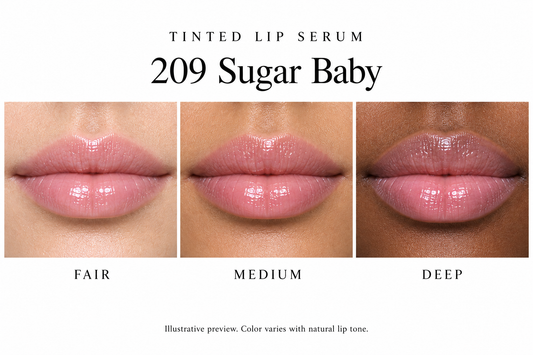 Katie Lynn BEAUTY Sugar Baby Tinted Lip Serum, shade 209 on fair, medium and deep lips
