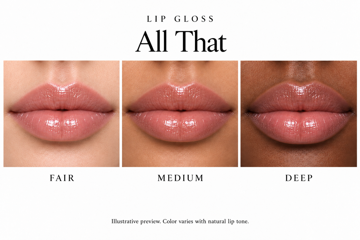 Katie Lynn BEAUTY All That lip gloss on fair, medium and deep lips