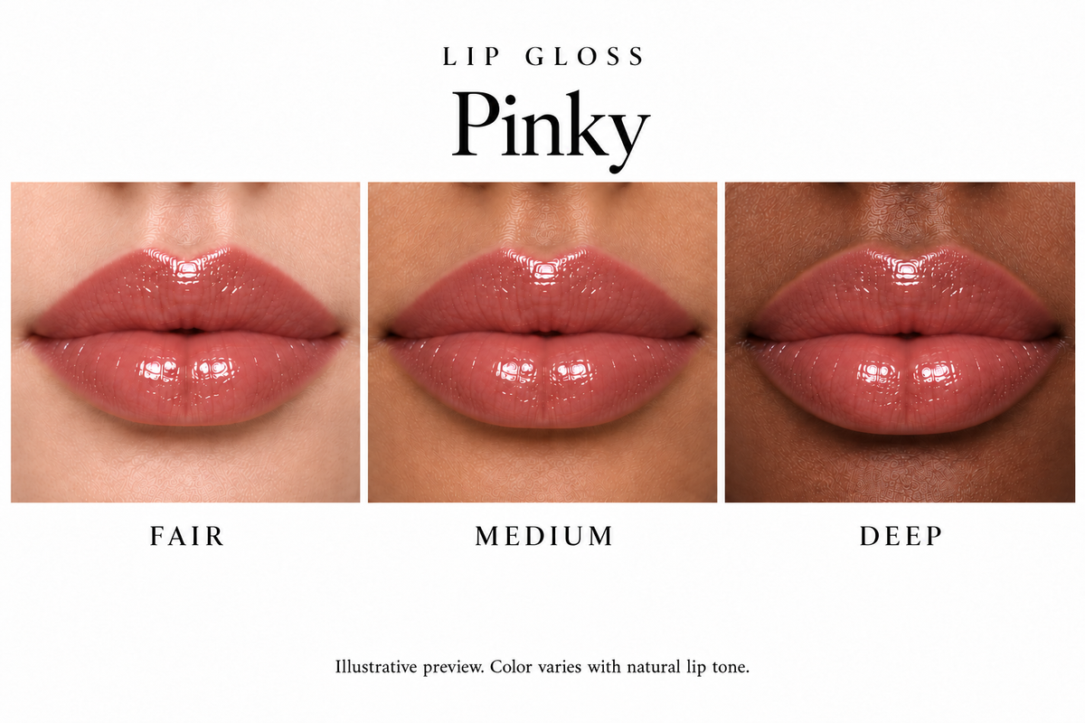 Katie Lynn BEAUTY Pinky lip gloss on fair, medium and deep lips