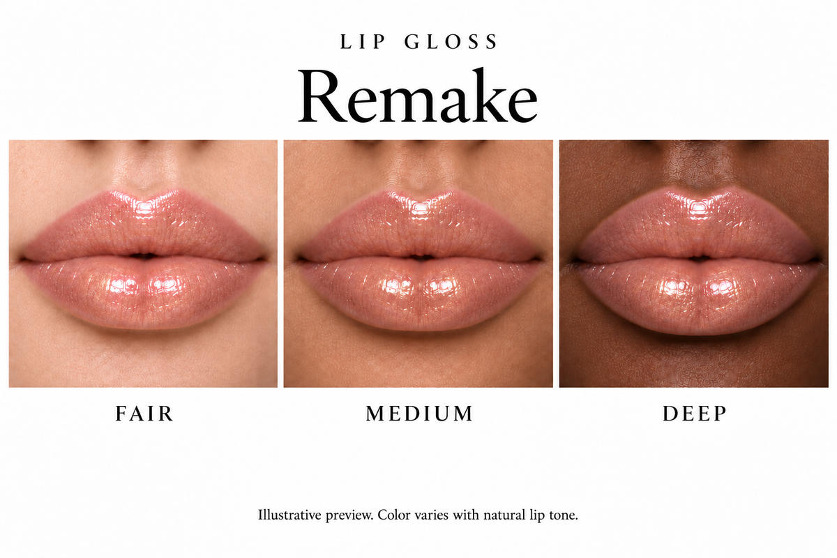 Katie Lynn BEAUTY Remake lip gloss on fair, medium and deep lips