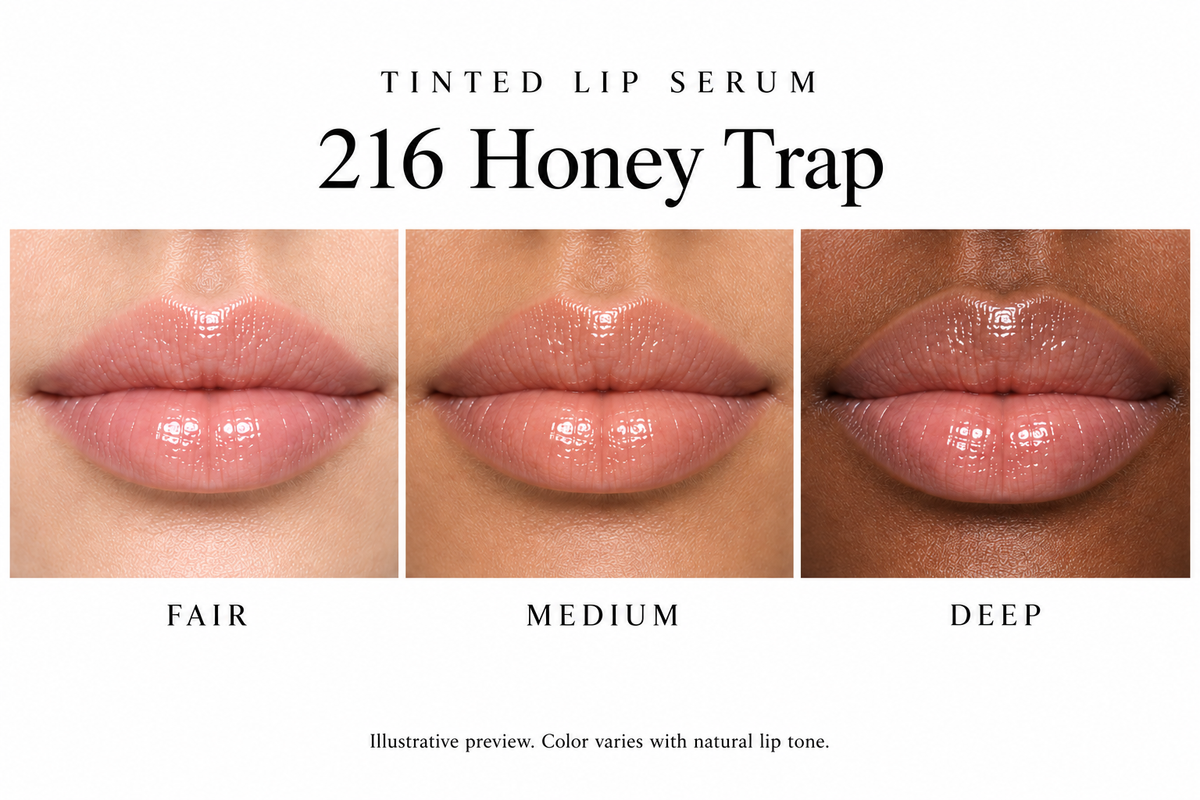 Katie Lynn BEAUTY Honey Trap Tinted Lip Serum, shade 216 on fair, medium and deep lips