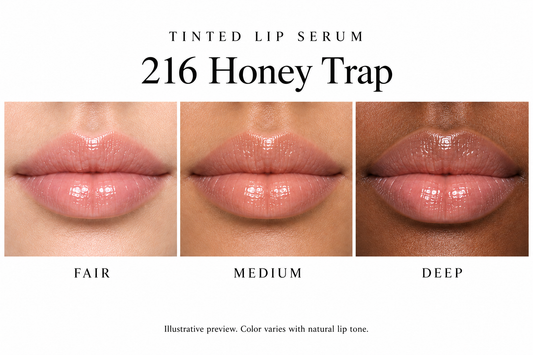 Katie Lynn BEAUTY Honey Trap Tinted Lip Serum, shade 216 on fair, medium and deep lips