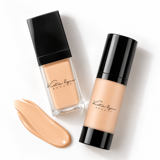 Katie Lynn BEAUTY Flawless Skin Foundation and Hi Def Glow Foundation with swatch