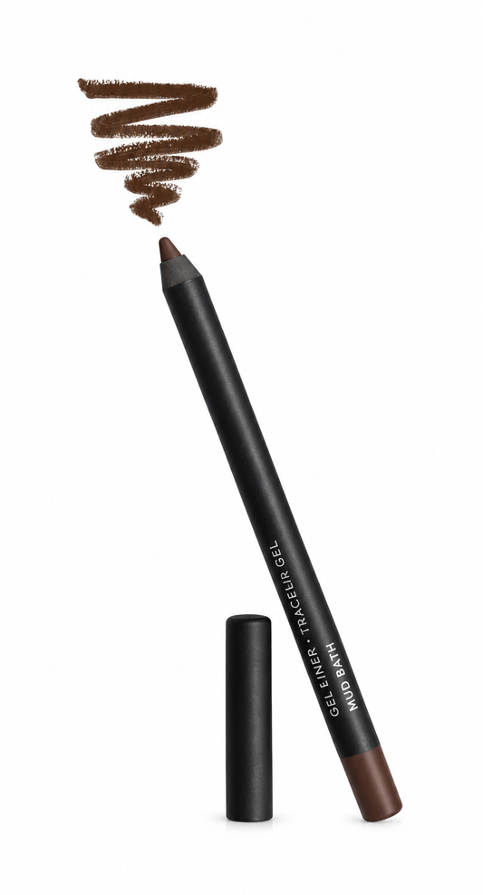 Katie Lynn BEAUTY Gel Eyeliner Pencil in Mud Bath, deep chocolate brown, pencil with cap and color swatch