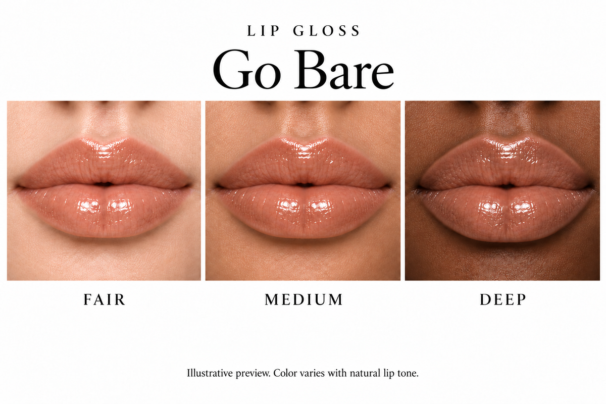 Katie Lynn BEAUTY Go Bare lip gloss on fair, medium and deep lips