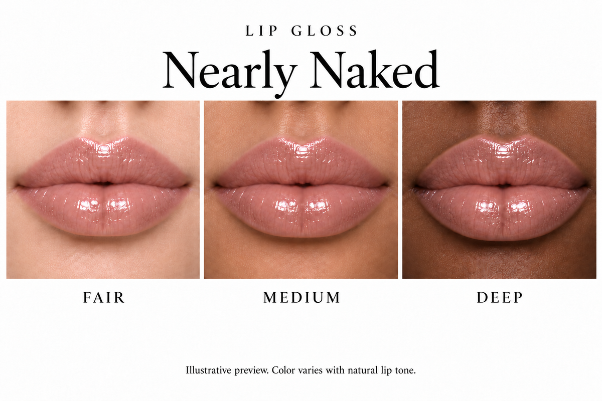 Katie Lynn BEAUTY Nearly Naked lip gloss on fair, medium and deep lips