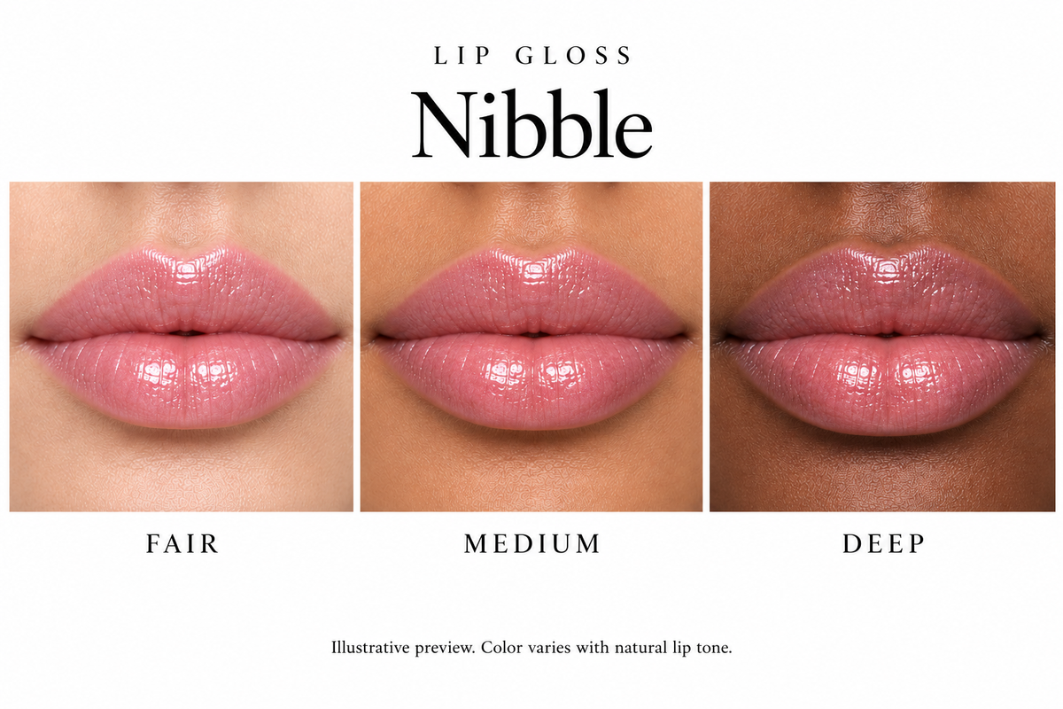 Katie Lynn BEAUTY Nibble lip gloss on fair, medium and deep lips