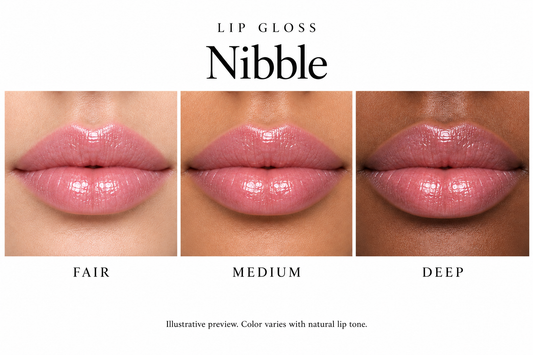 Katie Lynn BEAUTY Nibble lip gloss on fair, medium and deep lips