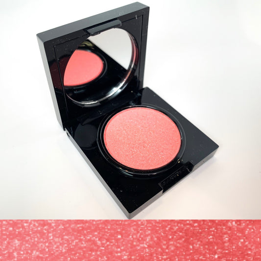 Katie Lynn BEAUTY Big O' Blush, open compact with shimmer swatch