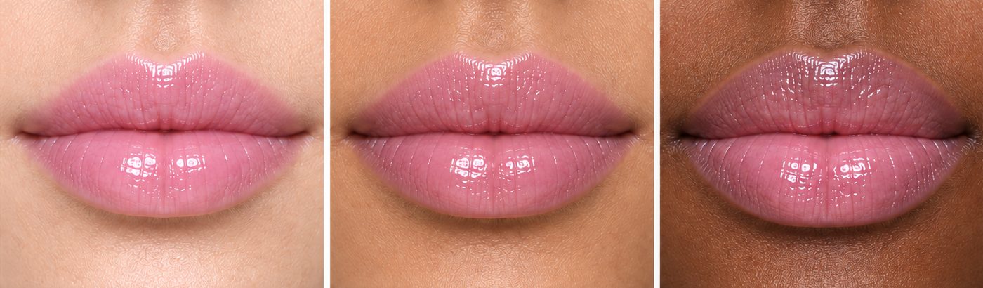 211 Dollface Tinted Lip Serum shown on fair, medium and deep lips