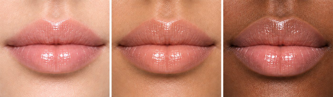 216 Honey Trap Tinted Lip Serum shown on fair, medium and deep lips